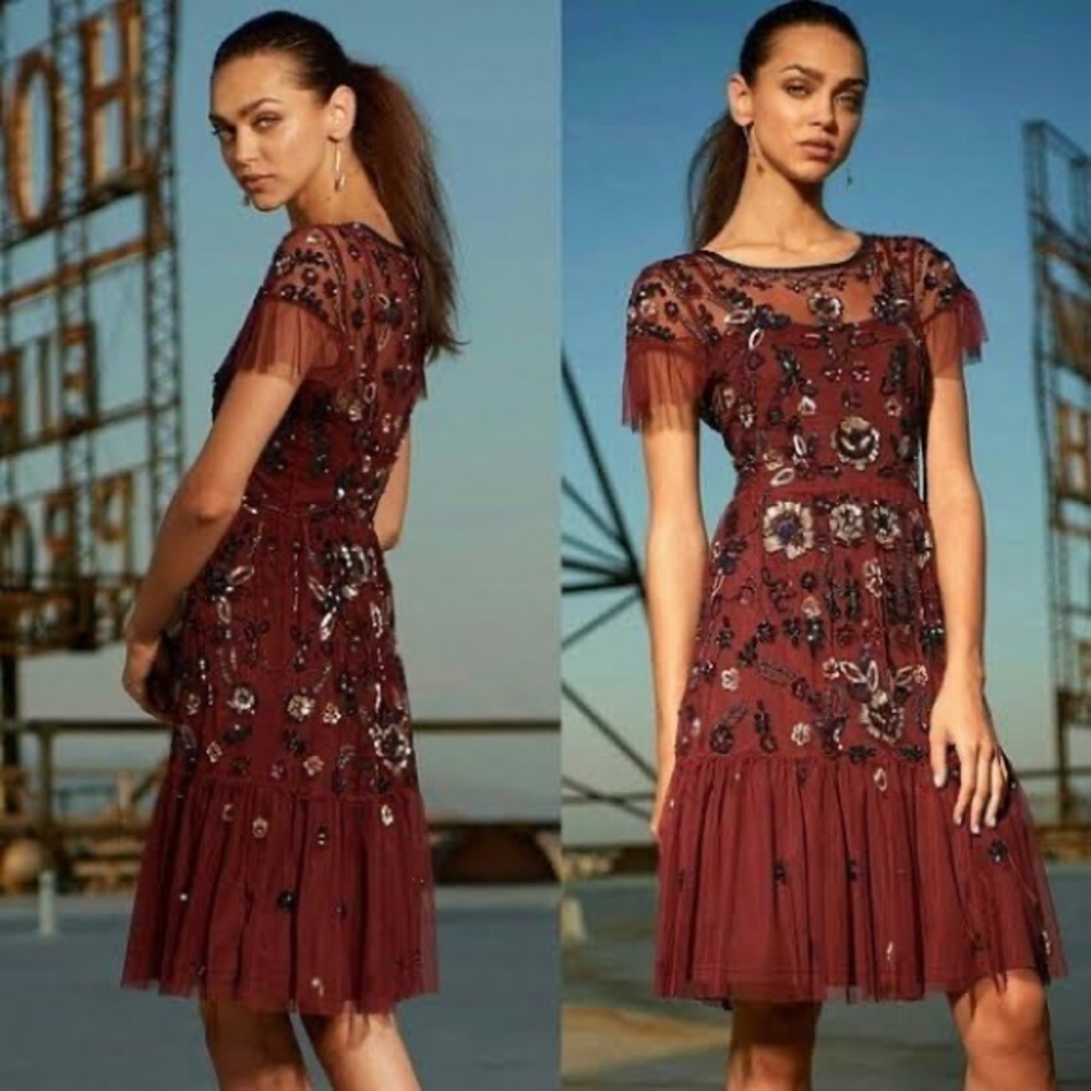 Gianni Bini “Wendy” Short Sleeve Floral Cherry Color Sequin Dress